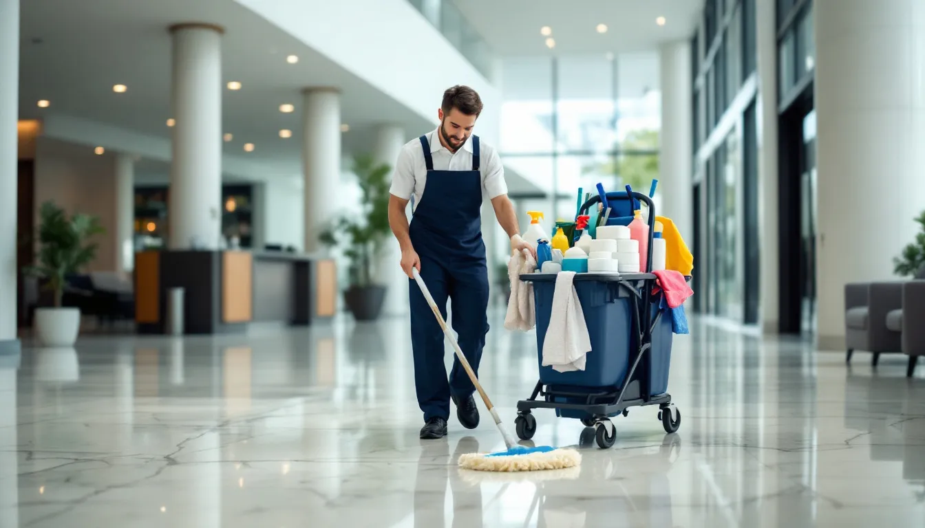 A cleaning professional is seen in a commercial building lobby, equipped with various cleaning supplies and equipment, ready to provide cleaning services. This image highlights the essential tools used in the commercial cleaning industry, emphasizing the importance of quality supplies for business success in the cleaning business.