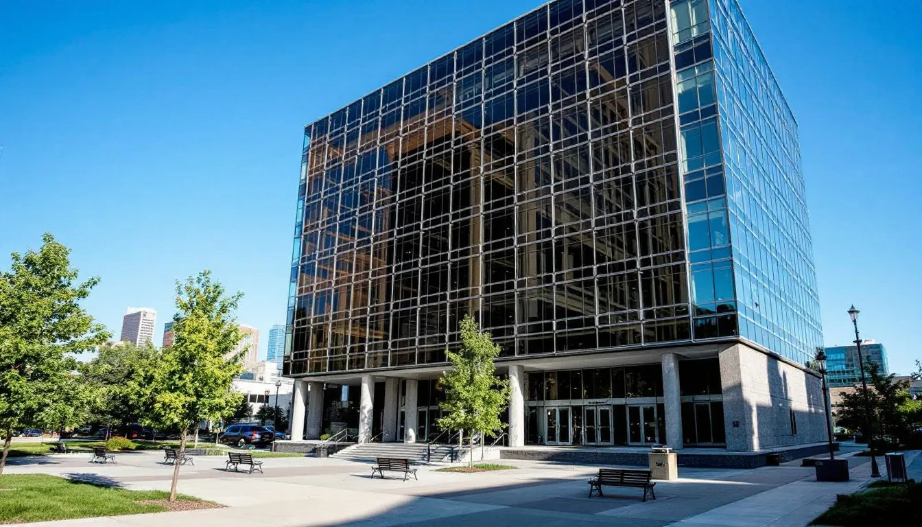 The image depicts the Iowa Secretary of State building located in downtown Des Moines, showcasing a modern architectural design with large windows and a welcoming entrance. This building is significant for individuals looking to start a cleaning business in Iowa, as it is where they can obtain necessary business licenses and permits to operate legally.