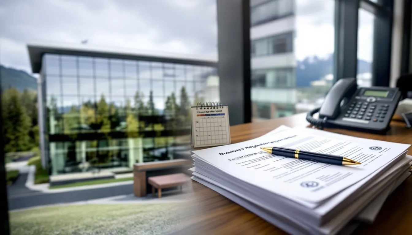 An image of the Alaska state government building is prominently displayed, with business registration documents laid out in front, emphasizing the importance of obtaining a business license for starting a cleaning business in Alaska. The scene highlights various forms that include details necessary for business tax registration and insurance, essential for aspiring entrepreneurs in the house cleaning industry.
