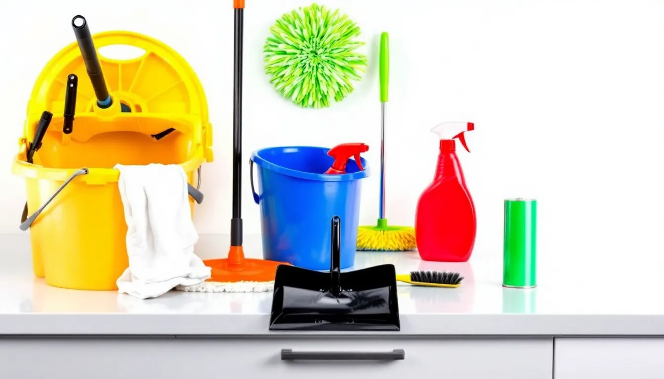 In the image, various professional cleaning supplies and equipment are neatly arranged on a clean surface, showcasing essential tools for a cleaning business. This setup highlights the importance of organization and quality in providing cleaning services, essential for anyone looking to start a cleaning business in Nevada.