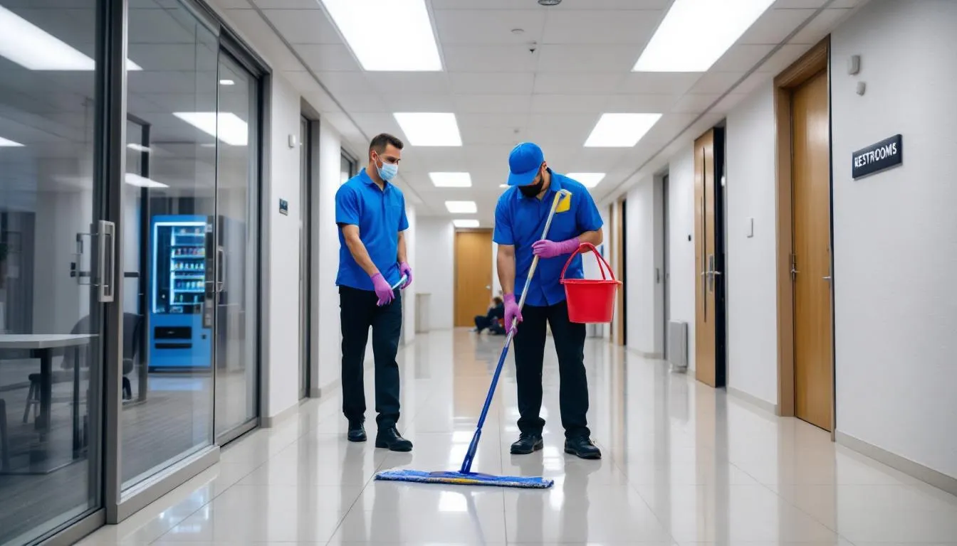 In the image, professional cleaners are diligently working in a commercial office space, using vacuum cleaners and cleaning supplies to ensure a thorough deep clean. This scene highlights the importance of commercial cleaning services in maintaining a clean and professional environment for businesses.