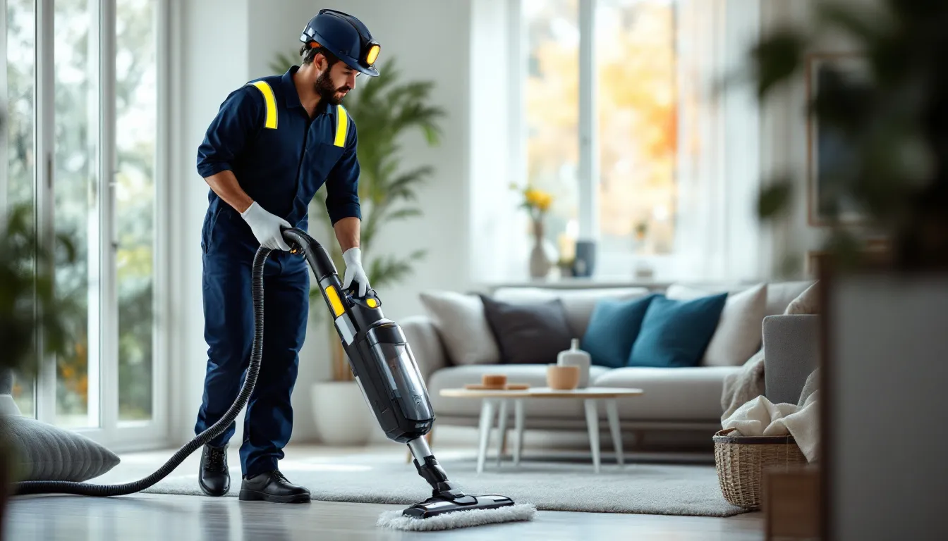 A person dressed in professional cleaning attire is using modern cleaning equipment to tidy up a bright and well-lit home. This image represents the cleaning industry, highlighting the services provided by residential house cleaning businesses in Oklahoma, such as Janice Smith's Cleaning Service and Tom Graham's Maid Service.