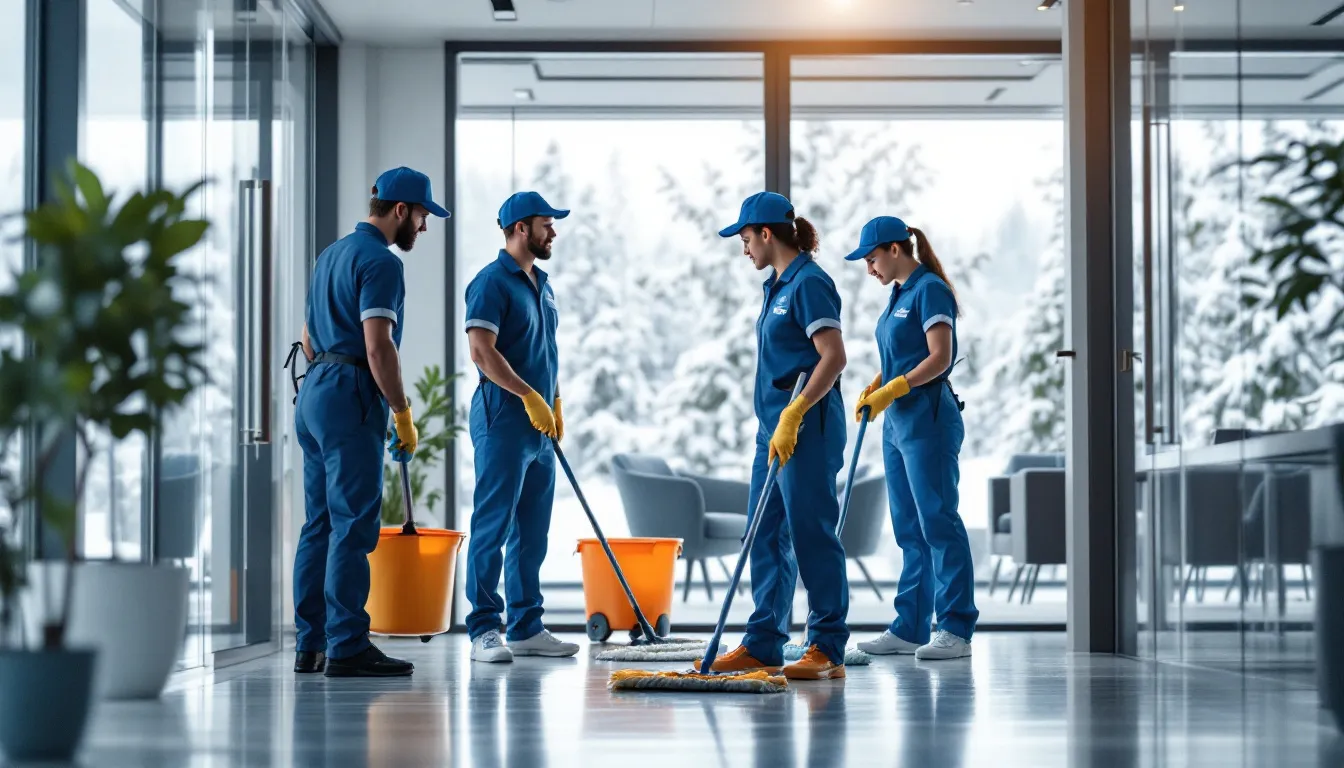 In the image, a professional cleaning team is seen diligently working inside a modern office building in Alaska, equipped with cleaning supplies and wearing uniforms. The scene highlights the importance of a business license and insurance for running a successful cleaning business in the state.