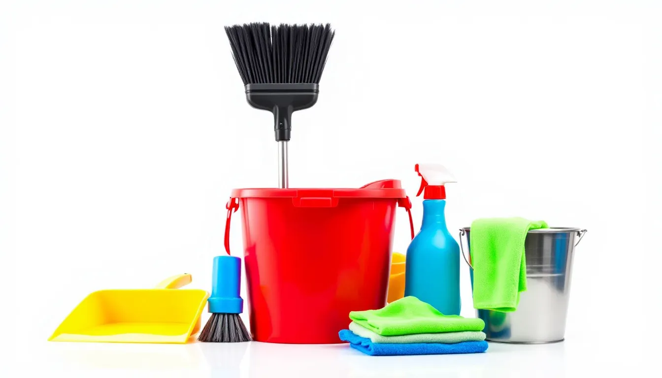 The image features an array of professional cleaning equipment and supplies, including mops, buckets, and various cleaning solutions, all neatly arranged on a clean white background. This setup highlights essential tools for starting a successful cleaning business, showcasing the importance of proper equipment in the cleaning industry.