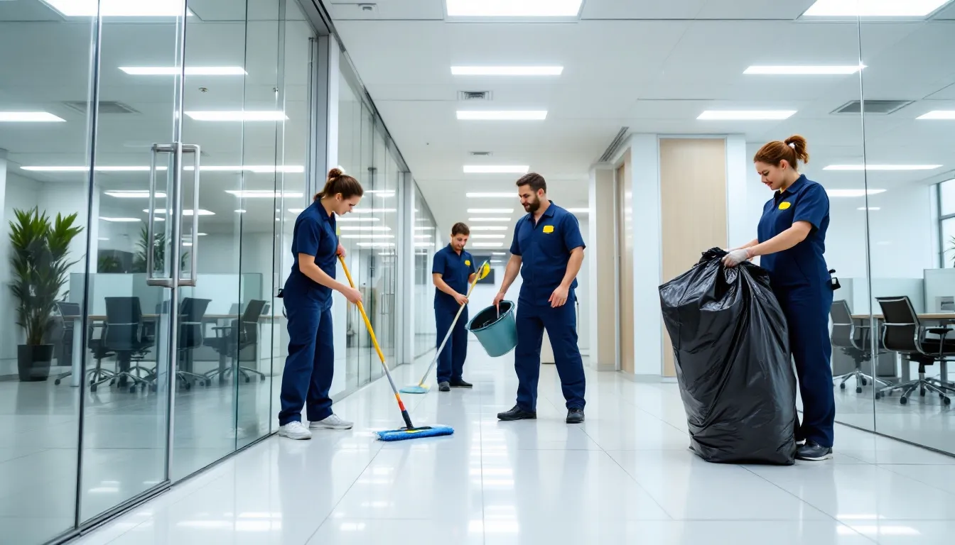 A professional cleaning team is seen diligently working in an office setting, utilizing various cleaning supplies and equipment to ensure a spotless environment. This image illustrates the importance of excellent customer service and operational efficiency in the cleaning industry, essential for running a successful cleaning business.