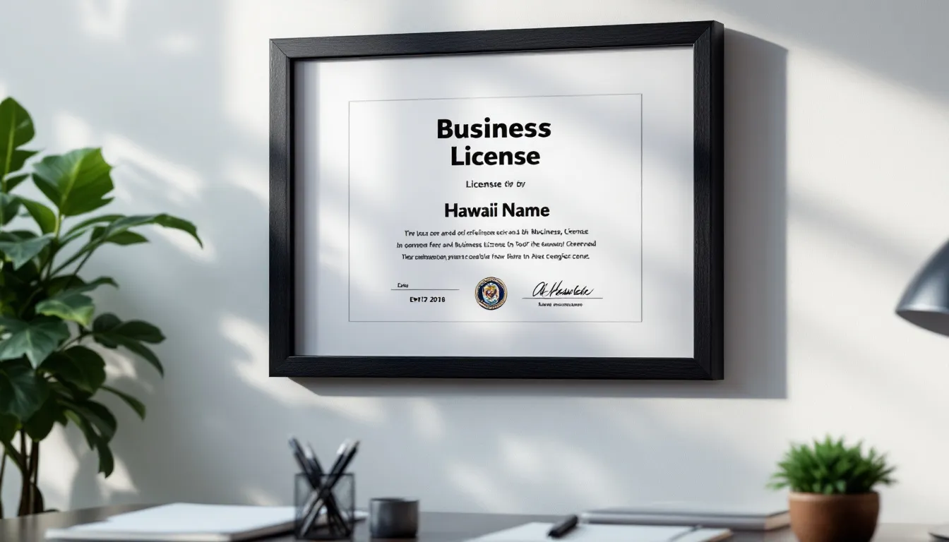 An official Hawaii business license certificate is prominently displayed on an office wall, indicating the registration of a cleaning business. This certificate reflects compliance with the state’s commerce and consumer affairs regulations, essential for operating a licensed cleaning company in Hawaii.