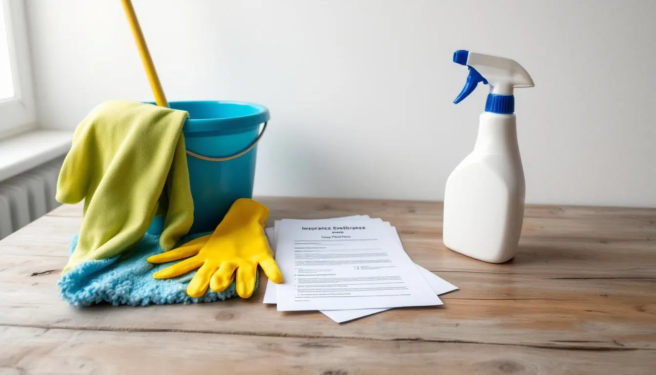 The image shows cleaning equipment alongside important insurance documents and a business plan arranged neatly on a table, reflecting the essentials needed to start a cleaning business in Minnesota. Items include cleaning supplies, a general business license, and commercial auto insurance paperwork, all crucial for operating in the cleaning industry.