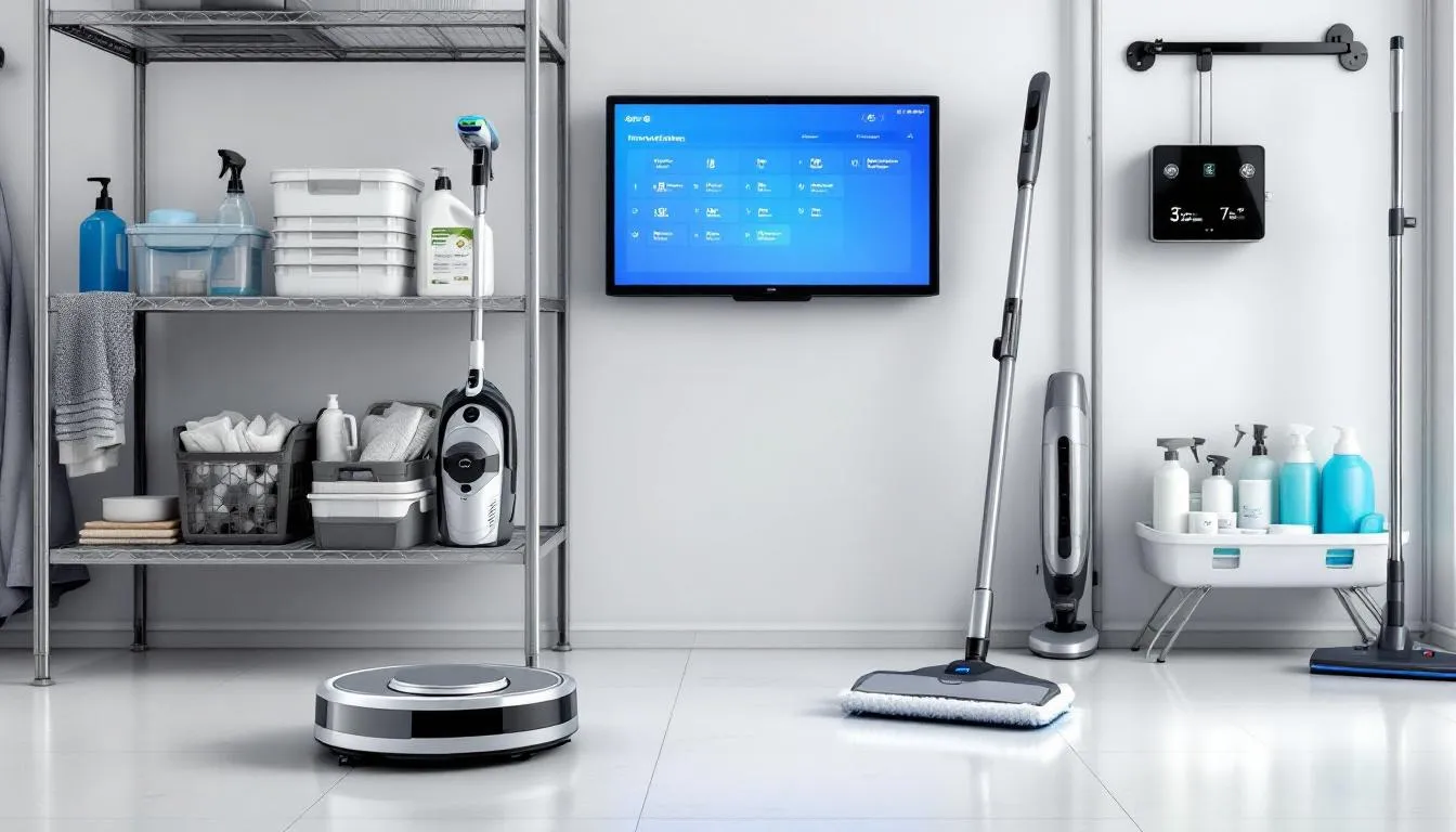 In a well-organized storage area, modern cleaning equipment and technology devices are neatly arranged, showcasing essential tools for a cleaning business. This setup highlights the importance of proper licensing and equipment in the cleaning industry for efficient operations and effective service delivery.
