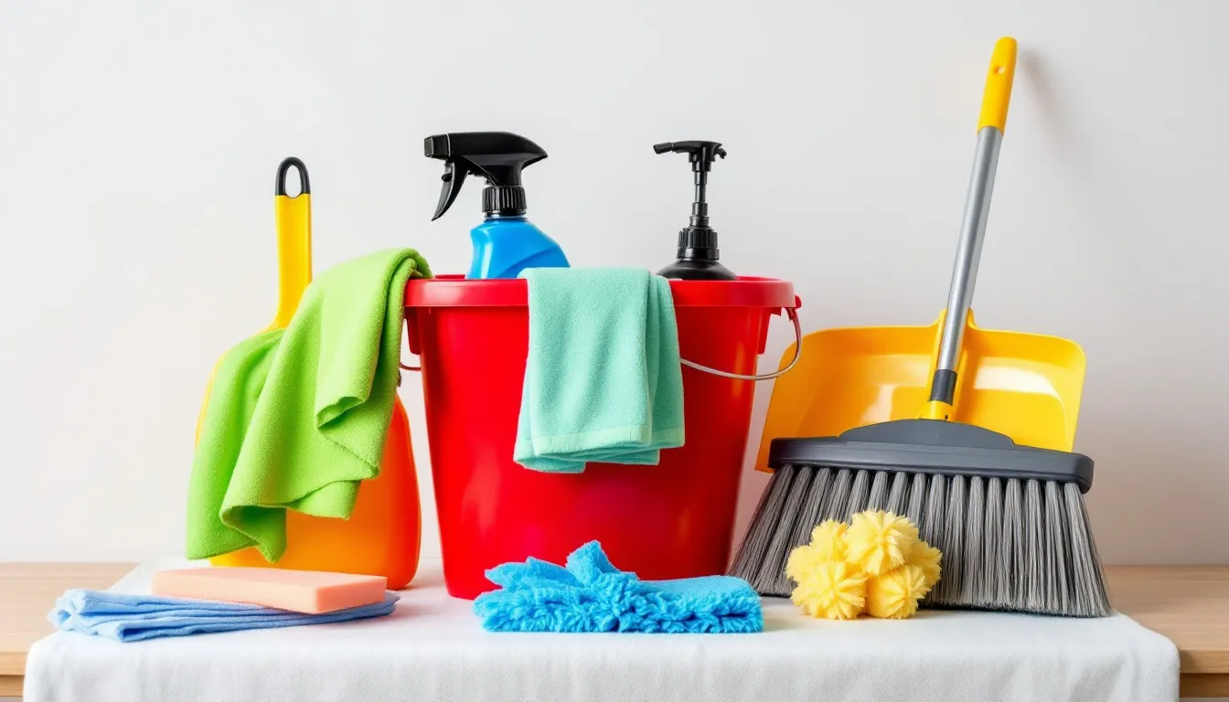 In the image, various professional cleaning supplies and equipment, such as mops, buckets, and cleaning solutions, are neatly arranged on a table, showcasing essential tools for a commercial cleaning business. This setup highlights the importance of having the right cleaning supplies for success in the commercial cleaning industry.