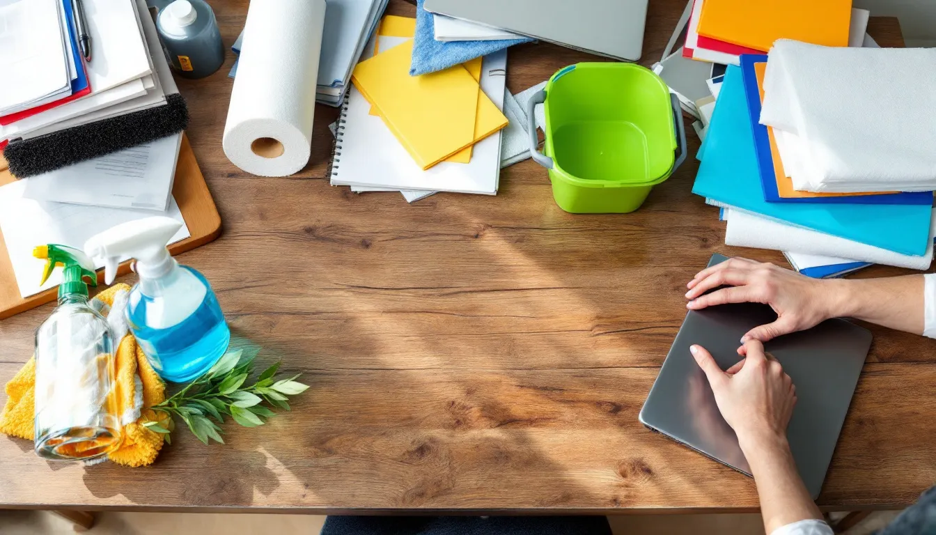 In the image, various cleaning supplies such as mops, spray bottles, and cleaning cloths are arranged on a desk alongside important business documents, including a business license and insurance papers, highlighting the essentials for starting a cleaning business in Louisiana. This setup reflects the organization and planning necessary for operating a successful cleaning company.