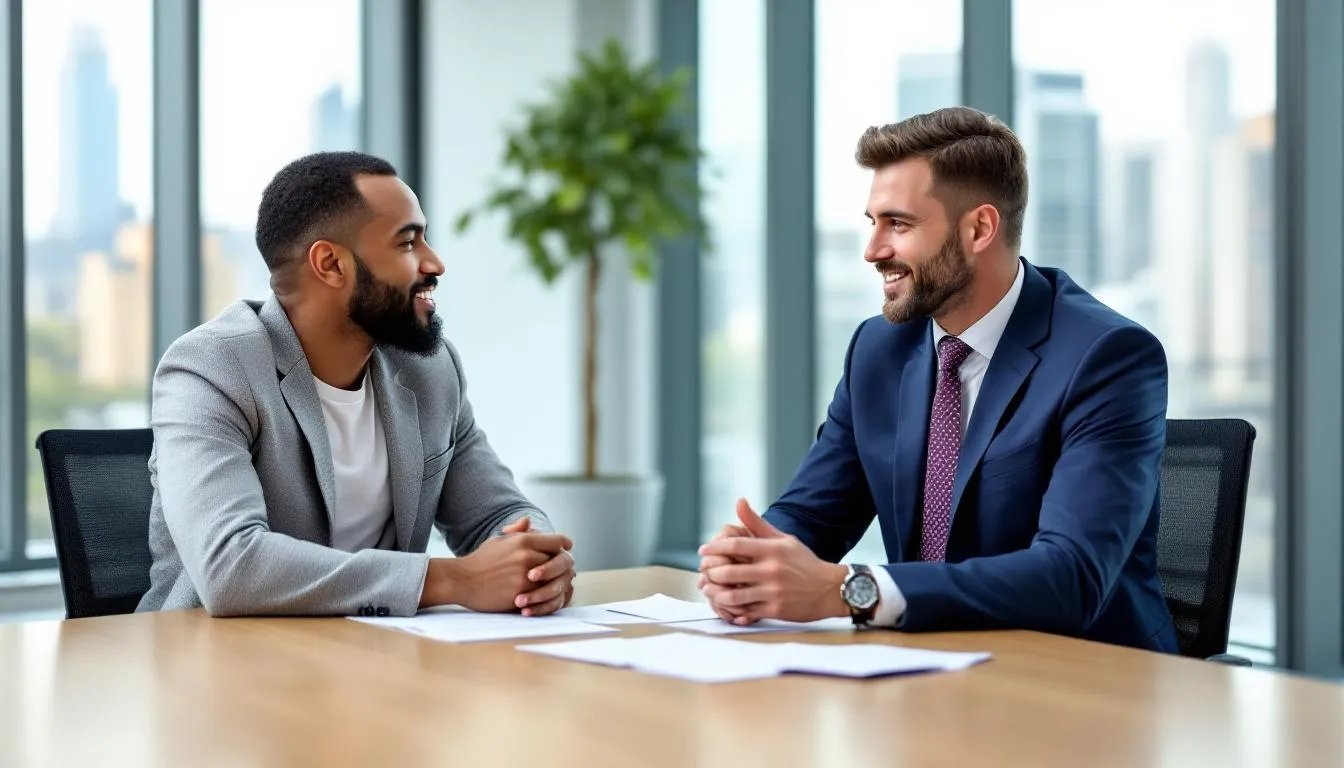 A professional insurance agent is seated across from a small business owner in a modern office setting, discussing important aspects of starting a cleaning business, including business insurance, liability coverage, and the necessary licenses for legal compliance in Indiana. They are reviewing documents and engaging in a conversation about business growth strategies and operational efficiency.