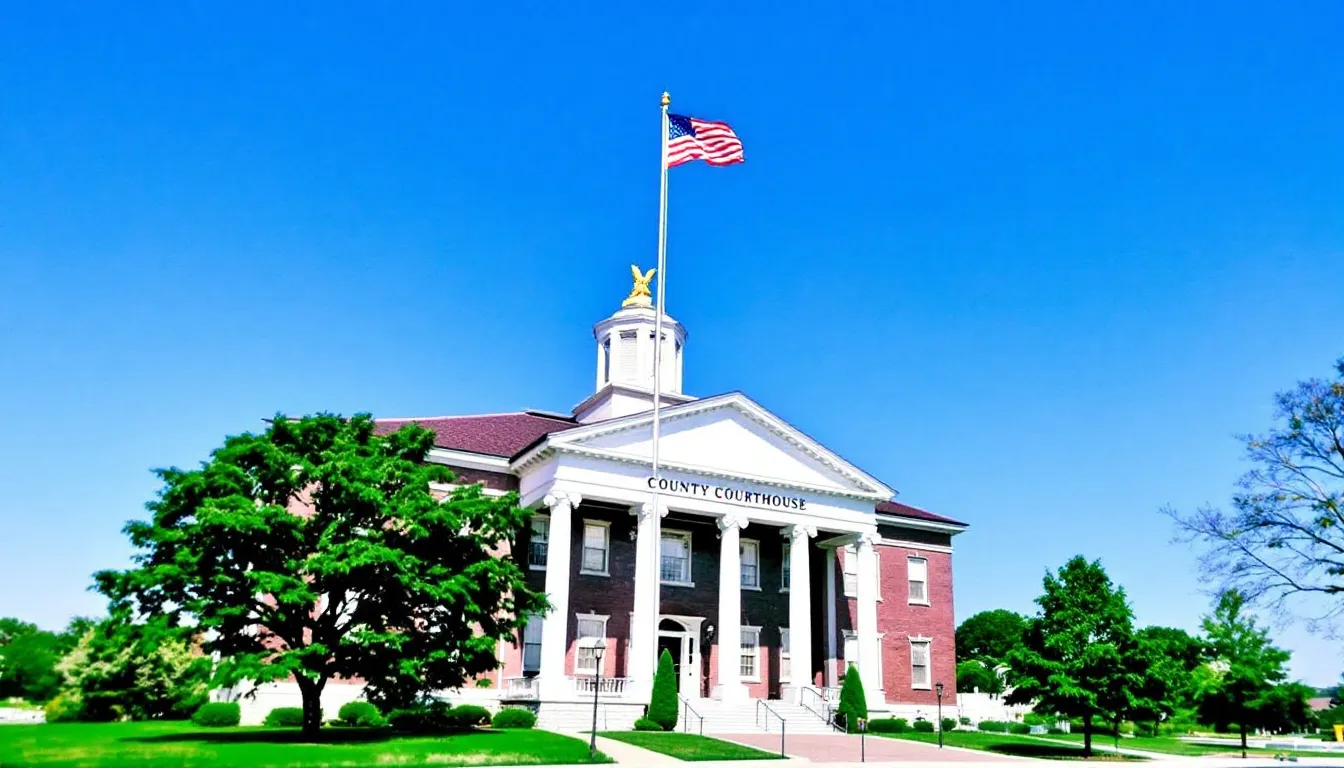 The image depicts a county courthouse building proudly displaying the American flag in front. This iconic structure represents local government offices, where business owners can obtain necessary permits and licenses to start a cleaning business, ensuring they operate legally within the community.