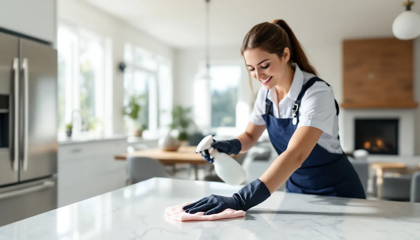 A professional cleaner is diligently working inside a bright, modern home in Alaska, showcasing the vibrant interior and the use of quality cleaning supplies. This scene reflects the thriving house cleaning business industry in Alaska, emphasizing the importance of business licenses and insurance for successful operations.