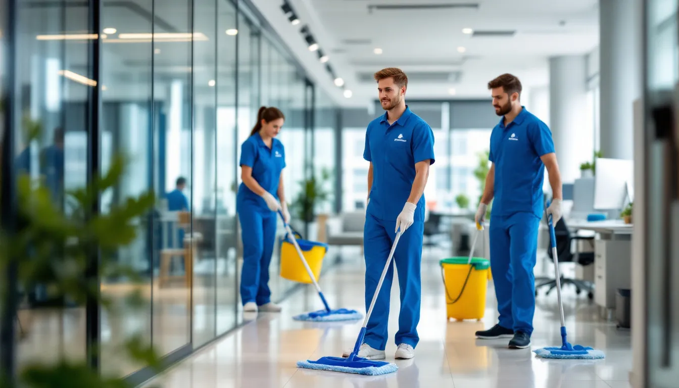 In a modern Alabama office building, a professional cleaning team is diligently working, using various cleaning supplies and equipment to maintain a pristine environment. Their efforts reflect the standards of the cleaning industry, showcasing the importance of effective cleaning services for commercial spaces.