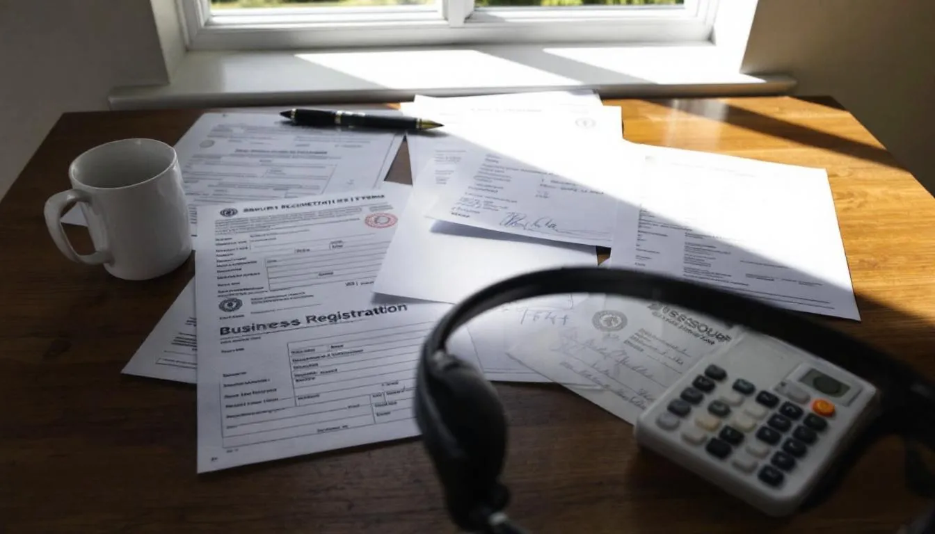 An organized desk displays various business registration documents and Missouri state forms, essential for starting a cleaning business. These materials are crucial for understanding licensing requirements, business structure, and the necessary permits to operate legally in the commercial cleaning industry.