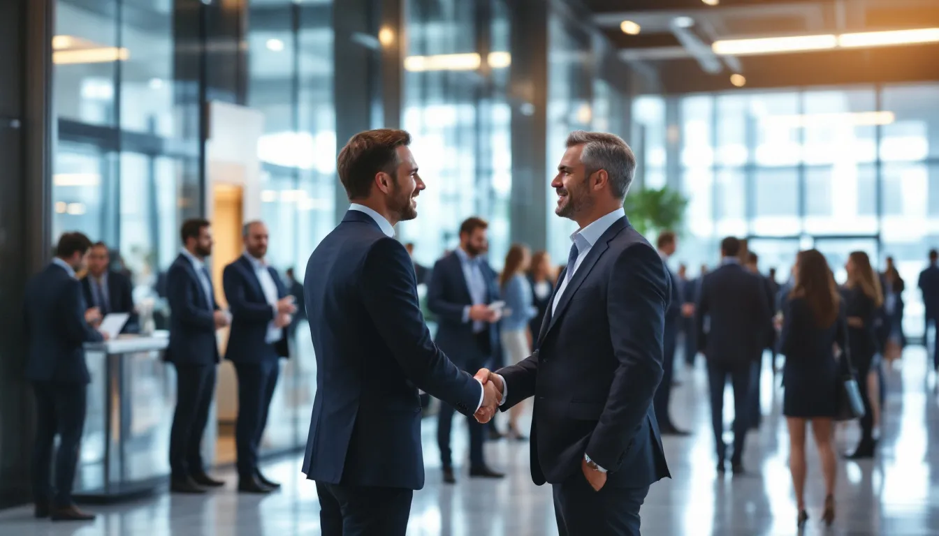 In the image, professionals are engaged in a business networking event, shaking hands and exchanging greetings, symbolizing collaboration and opportunity. This scene emphasizes the importance of building connections for those looking to start a cleaning business, highlighting the need for business licenses and compliance with local regulations.
