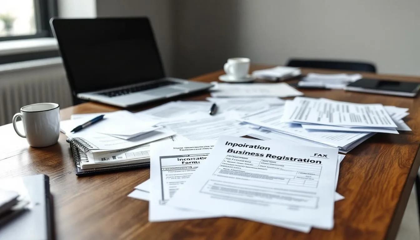 In the image, various business registration documents and forms related to starting a cleaning business are spread out on a desk, including a business license application, a business plan outline, and information about general liability insurance. These materials are essential for conducting business in Minnesota and ensuring proper licensing for cleaning services.