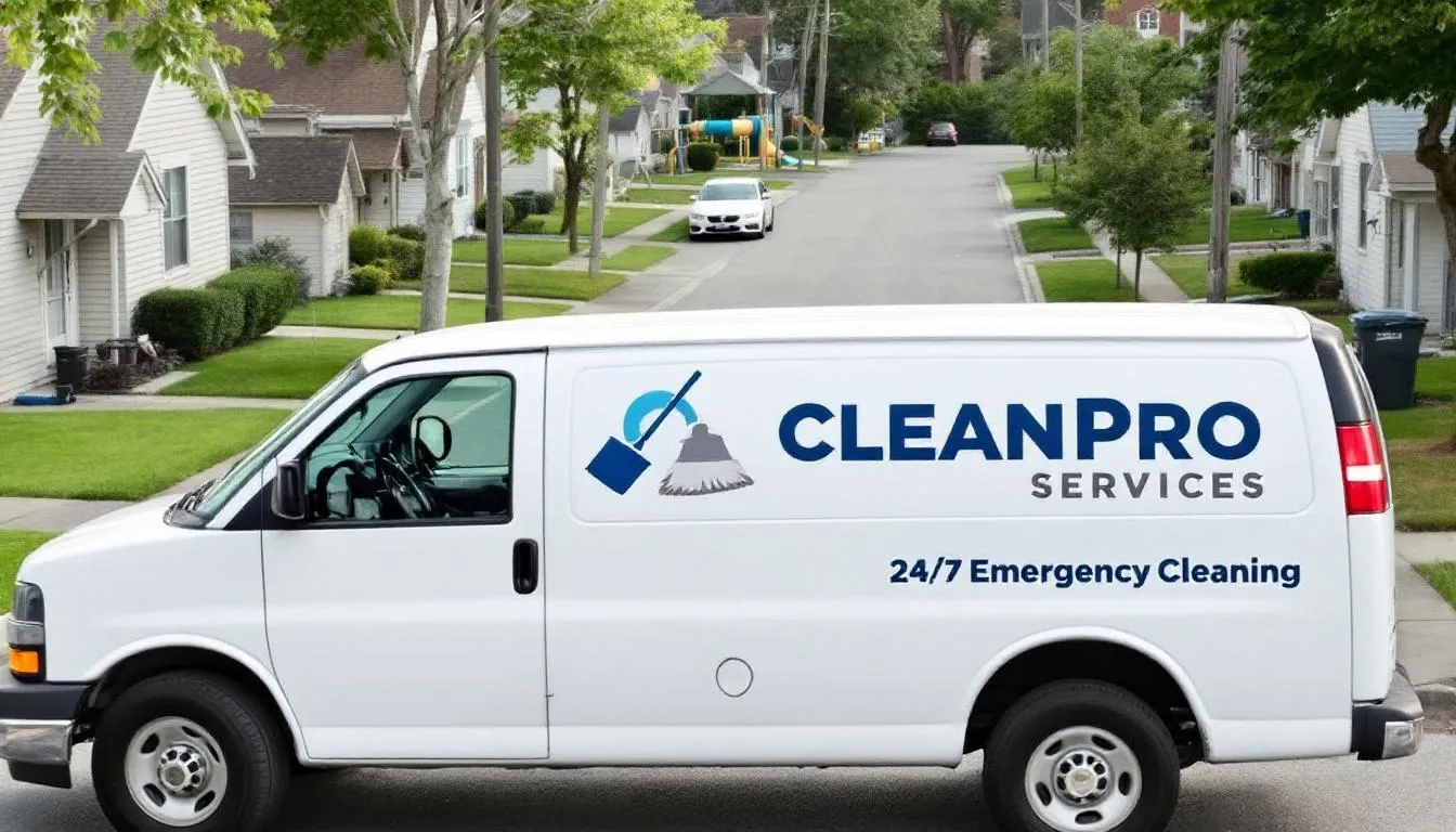 A professional cleaning van, prominently displaying business branding, is parked in a residential Missouri neighborhood, showcasing the presence of a cleaning business ready to serve the local community. The van symbolizes the growth and success potential within the competitive cleaning industry, highlighting the importance of a solid business plan and proper licensing to operate legally.