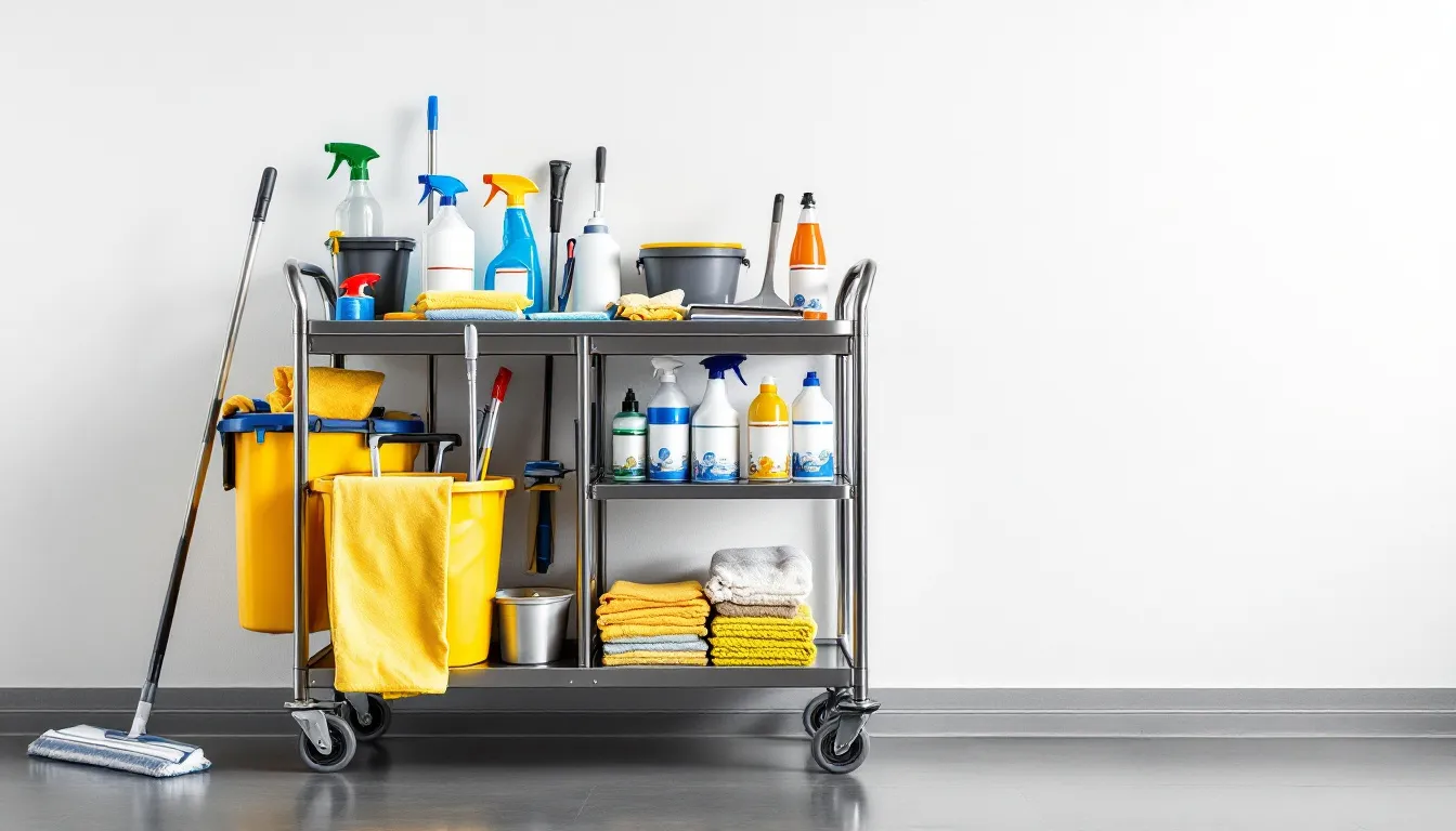 The image showcases a neatly arranged selection of cleaning supplies and equipment, including mops, buckets, and various cleaning solutions, all laid out in a professional manner. This setup reflects the essentials for starting a cleaning business, highlighting the importance of organization in residential house cleaning services.