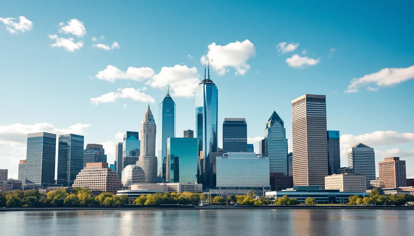 The image depicts the Kansas City skyline, showcasing a variety of commercial buildings and office towers that symbolize the vibrant commercial cleaning industry. This urban landscape highlights the potential for business success and growth opportunities for entrepreneurs looking to start a cleaning business in Kansas.