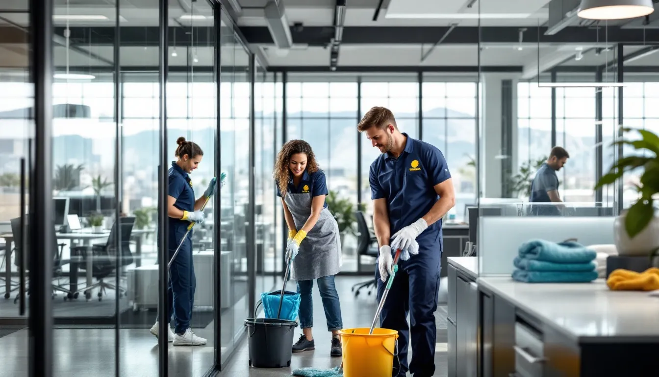 In a modern Utah office building, a professional cleaning team diligently works to maintain a pristine environment, utilizing various cleaning supplies and equipment. This scene highlights the importance of a well-structured cleaning business, showcasing the efforts of a commercial cleaning company in the cleaning industry.