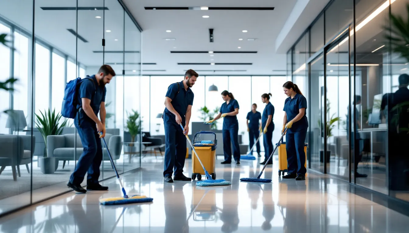 A team of professional cleaners in matching uniforms collaborates efficiently in a modern office space, showcasing the essence of a successful cleaning business. Their coordinated efforts reflect the standards of janitorial services in the cleaning industry, emphasizing teamwork and professionalism.