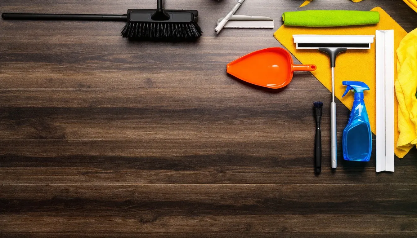 A neatly organized table displays various professional cleaning supplies and equipment, including vacuum cleaners, mops, and cleaning solutions, essential for starting a cleaning business. This setup reflects the preparation needed to comply with local regulations and obtain necessary licenses for operating a successful cleaning company.