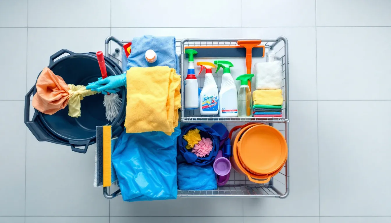 The image shows a neatly arranged display of professional cleaning supplies and equipment, including mops, buckets, and various cleaning solutions, ideal for anyone looking to start a cleaning business in Alaska. This setup reflects the essentials needed for a successful house cleaning business, emphasizing organization and readiness for residential cleaning tasks.