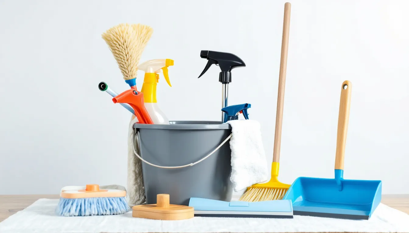 A variety of professional cleaning supplies and equipment, including mops, buckets, and cleaning solutions, are neatly arranged on a table, showcasing the essentials for starting a successful cleaning business. This setup reflects the organization and efficiency required for providing excellent cleaning services in commercial settings.