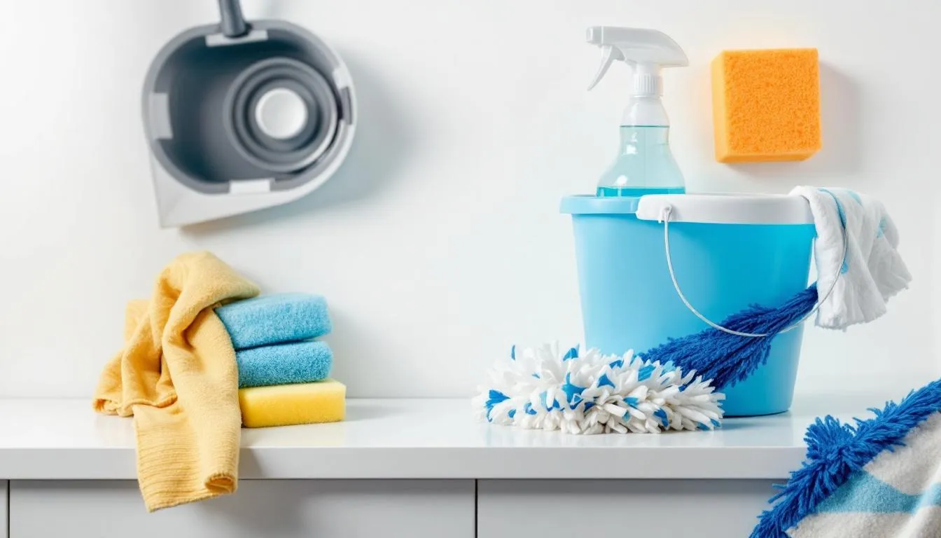 In the image, various cleaning supplies and equipment are neatly arranged on a clean surface, showcasing essential tools for starting a cleaning business in Indiana. Items such as cleaning products, mops, and buckets are visible, emphasizing the importance of proper equipment in the cleaning industry.