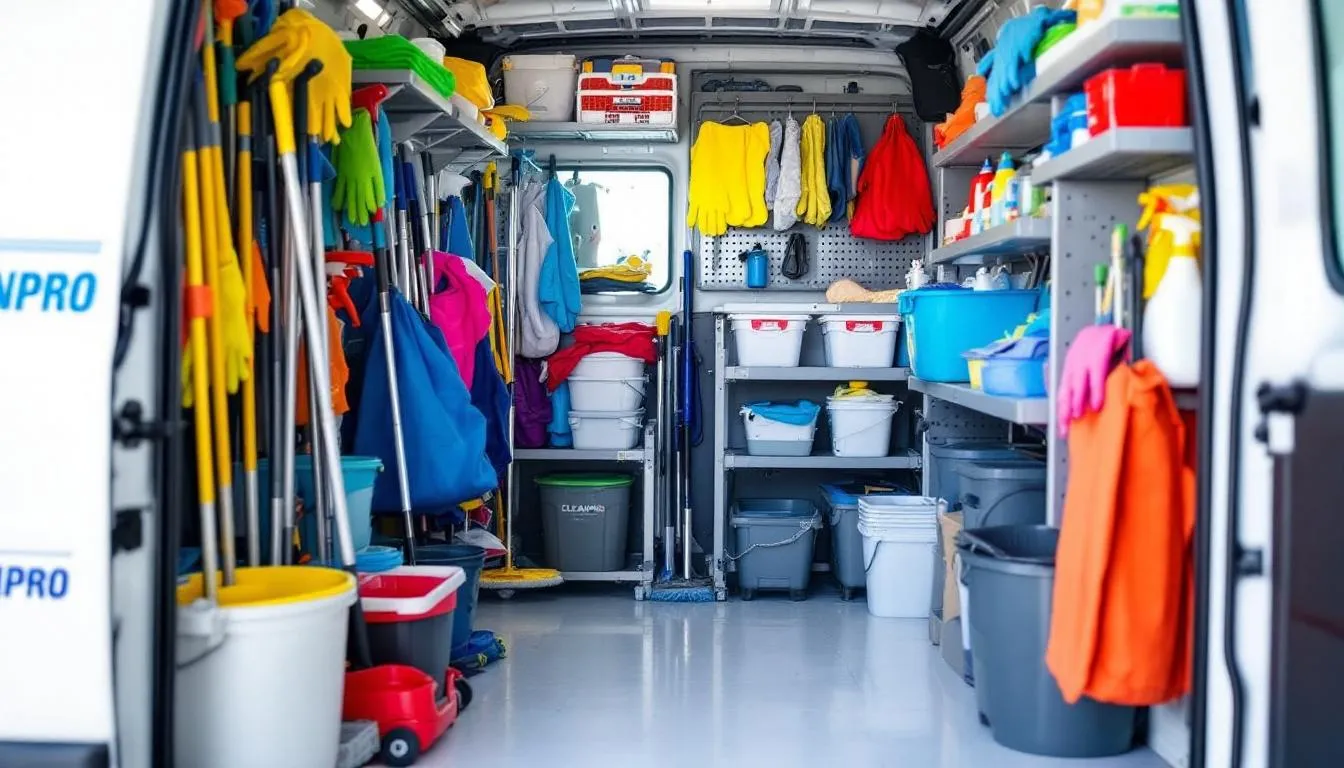 In the image, a commercial vehicle is neatly organized with professional cleaning equipment, including vacuum cleaners and various cleaning supplies, showcasing the essentials for running a successful cleaning business. This setup emphasizes the importance of having the right tools for providing commercial cleaning services in a professional manner.