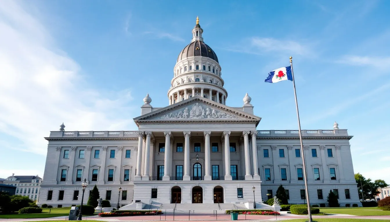 The image depicts the Maine state capitol building, a symbol of government resources and support for small businesses, including cleaning companies. This historic structure represents the legal framework and necessary permits for operating a successful business in Maine.
