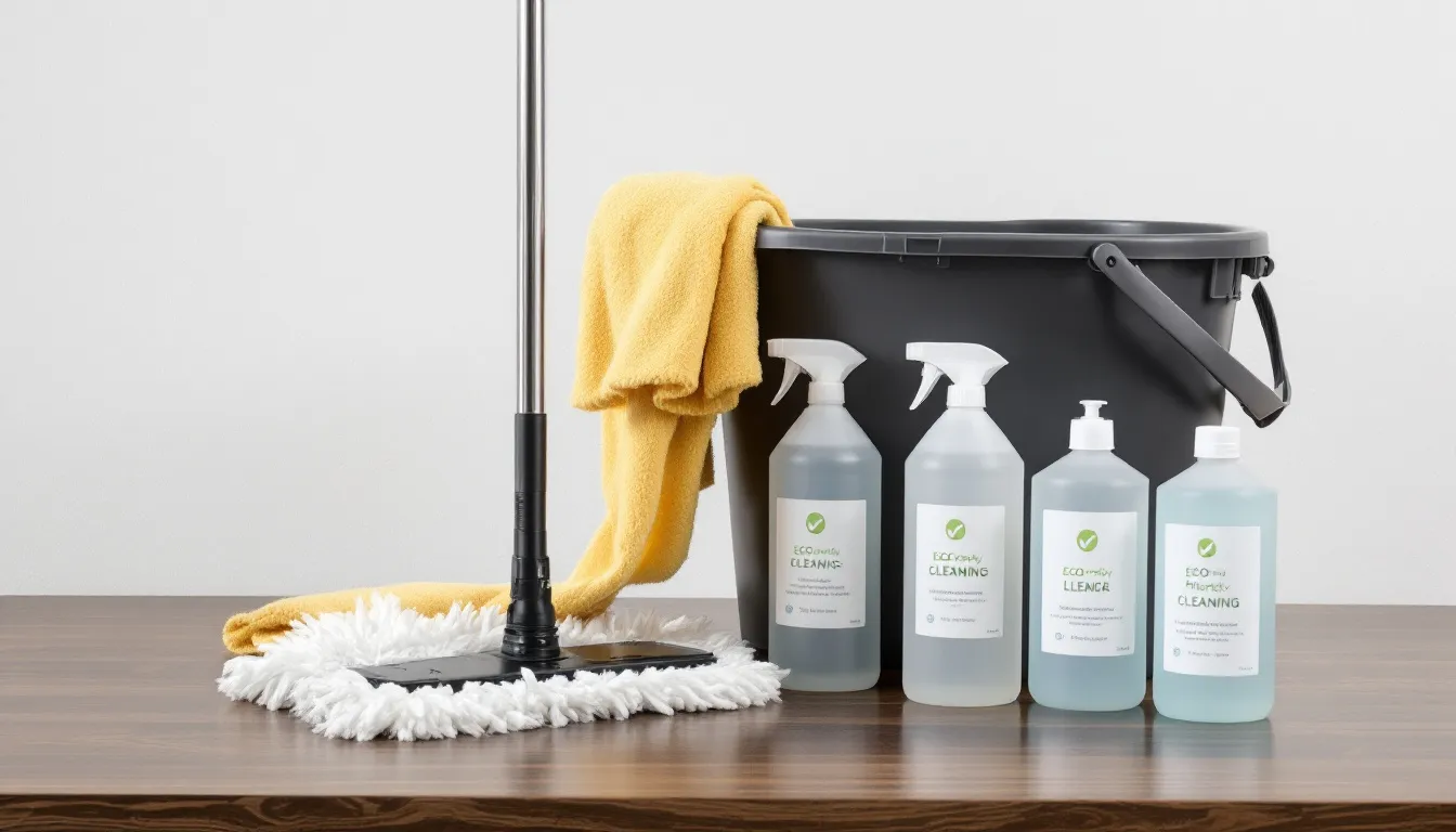 The image shows a variety of professional cleaning supplies, including colorful mops, sturdy buckets, and eco-friendly cleaning solutions, all neatly arranged on a table. This setup reflects the essentials for starting a cleaning business in Oklahoma, emphasizing the importance of quality tools in the cleaning industry.