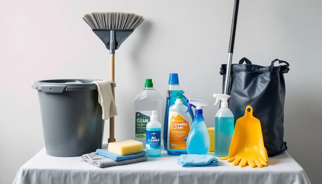 The image shows a variety of professional cleaning supplies and equipment neatly arranged on a table, including vacuum cleaners, mops, and cleaning agents, ideal for anyone looking to start a cleaning business. This setup reflects the essential tools needed for providing cleaning services and ensuring customer satisfaction in the cleaning industry.