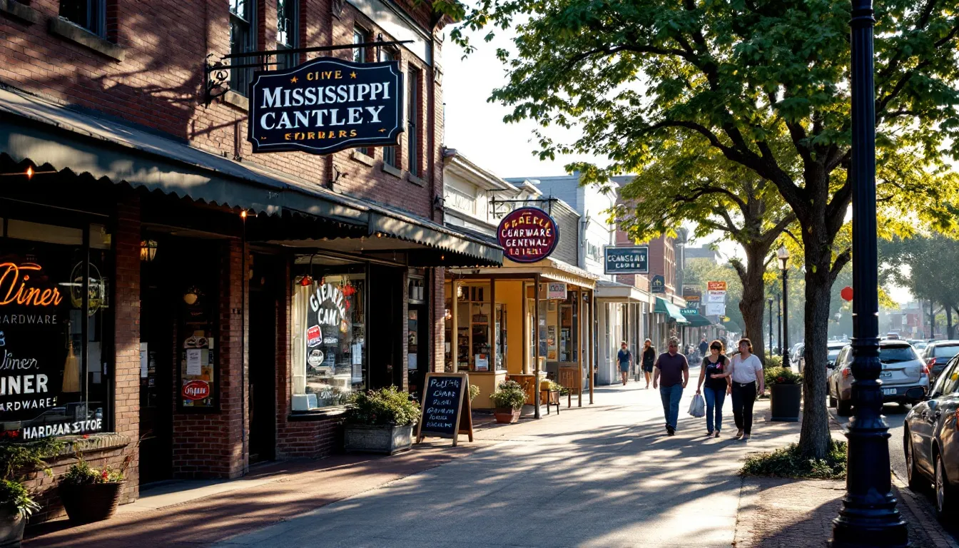 The image depicts a bustling commercial district in Mississippi, showcasing various business opportunities, including storefronts and office buildings. It highlights the potential for aspiring business owners, such as those looking to start a cleaning business, with visible signage indicating local city and county offices that provide essential resources like business licenses and insurance information.