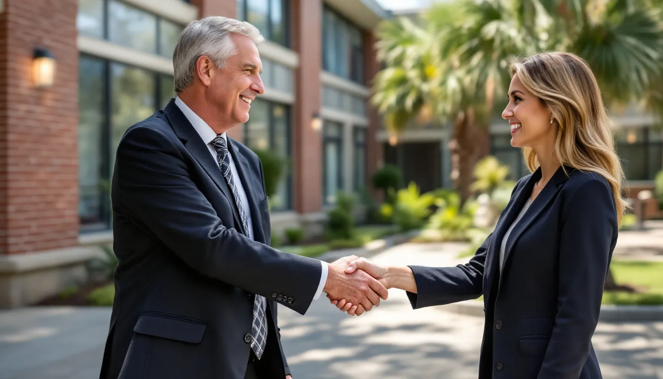 In the image, a business owner is shaking hands with a client in front of a Louisiana office building, symbolizing a successful partnership in the cleaning business. This moment highlights the importance of establishing trust and professionalism while operating legally and effectively in the local market.