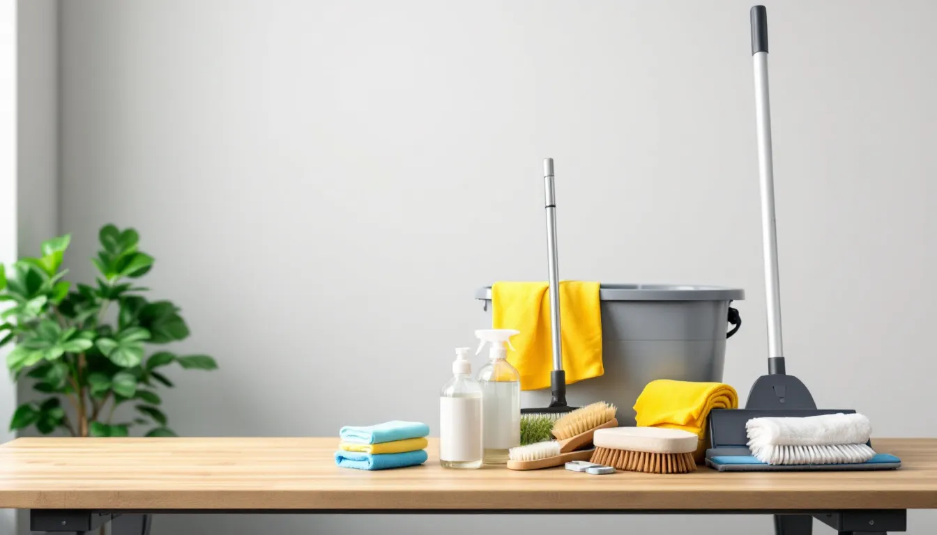 In the image, a variety of professional cleaning equipment and eco-friendly supplies are neatly arranged, symbolizing the essentials for starting a cleaning business in Utah. The setup includes items like mops, buckets, and biodegradable cleaning solutions, reflecting the commitment to sustainable practices in the commercial cleaning industry.