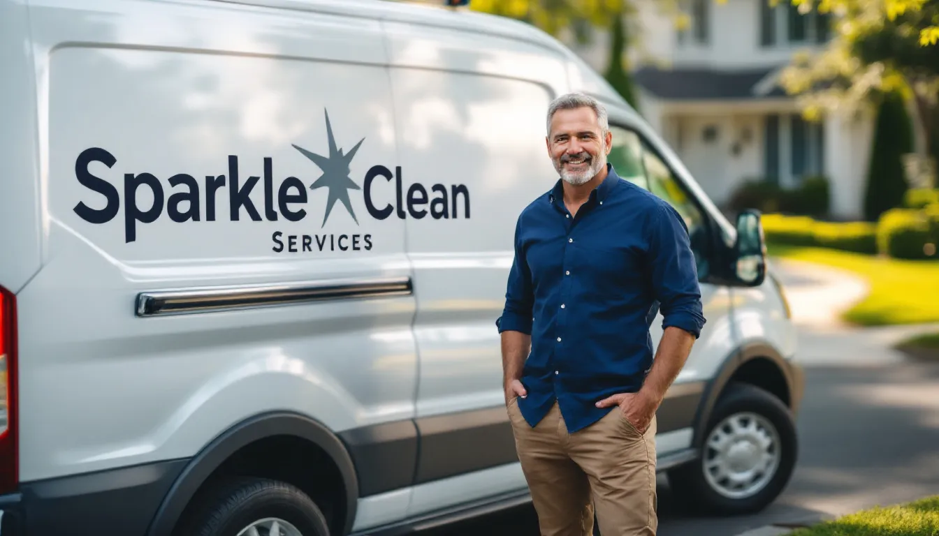 A successful cleaning business owner stands proudly next to their company van, showcasing their commercial cleaning business. The owner is ready to provide quality cleaning services while managing the business's growth and ensuring compliance with local business licenses in Delaware.