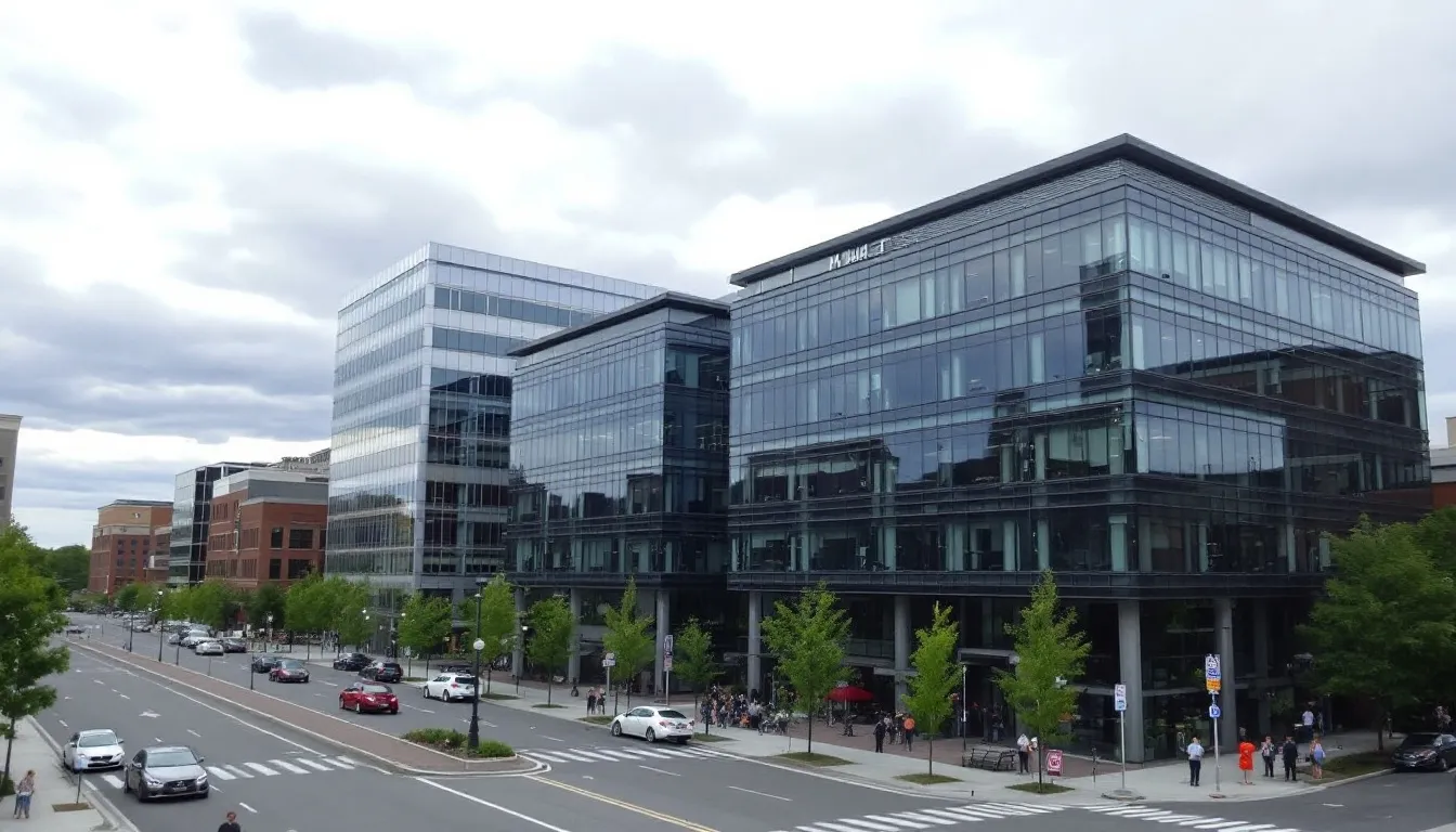 The image depicts a bustling business district in Maine, featuring modern office buildings that house various companies, including those in the cleaning industry. The scene reflects a vibrant local economy, where small businesses operate and thrive, highlighting the importance of business licenses and effective marketing strategies for success.