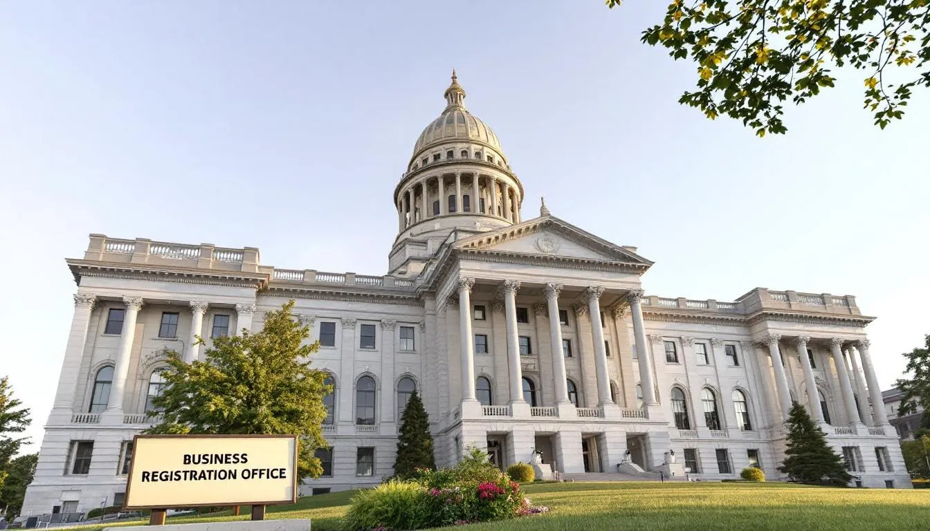 The image depicts the Indiana State Capitol building, a prominent structure symbolizing the location for business registration in Indiana, where aspiring entrepreneurs can obtain essential licenses and permits for their cleaning business and other ventures. The architectural details convey the importance of legal compliance and business growth in the state.