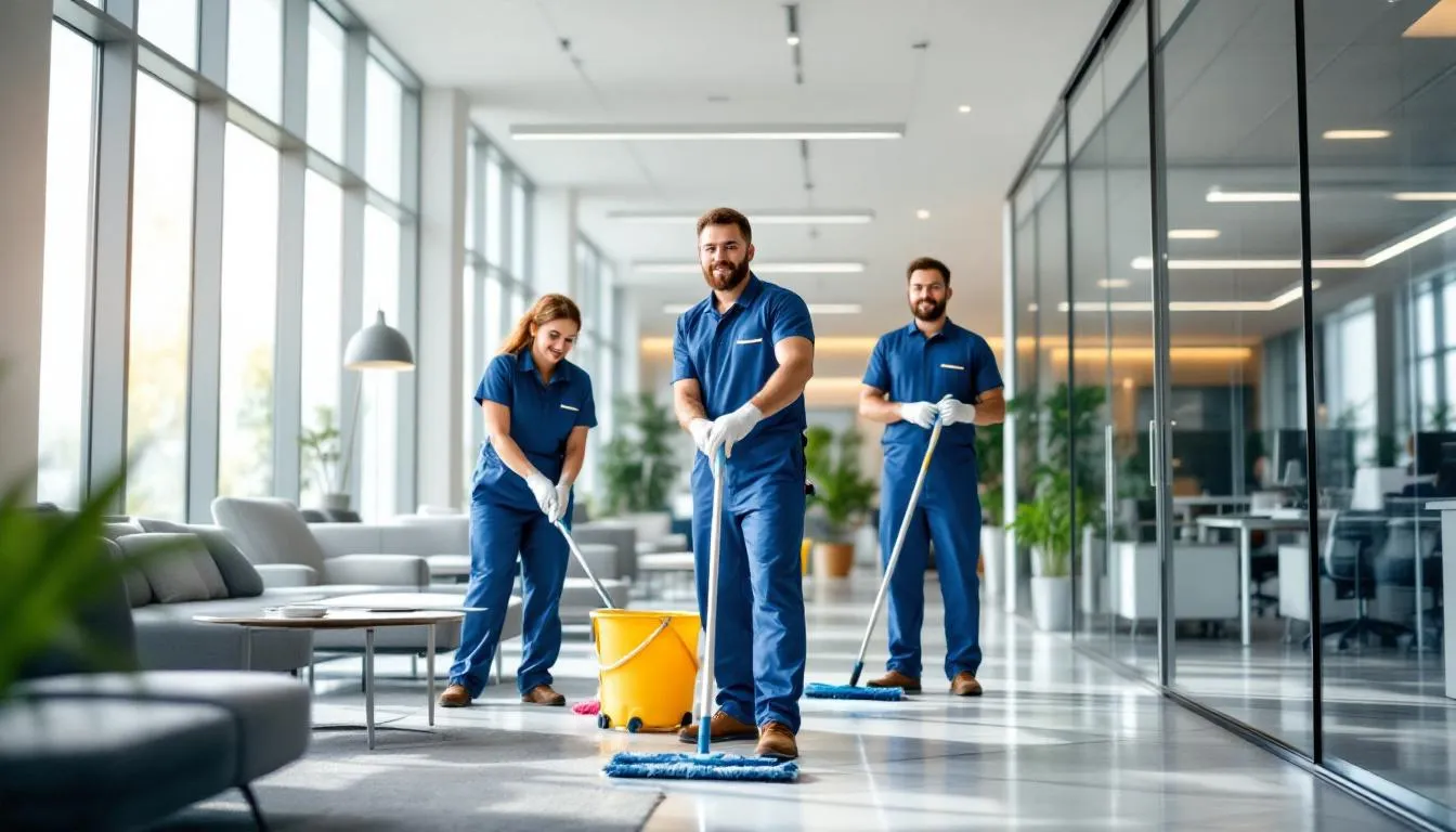 A professional cleaning team is diligently working in a modern Minnesota office building, showcasing their expertise in commercial cleaning services. They are equipped with various cleaning supplies, reflecting the essential operations of a successful cleaning business in the state.