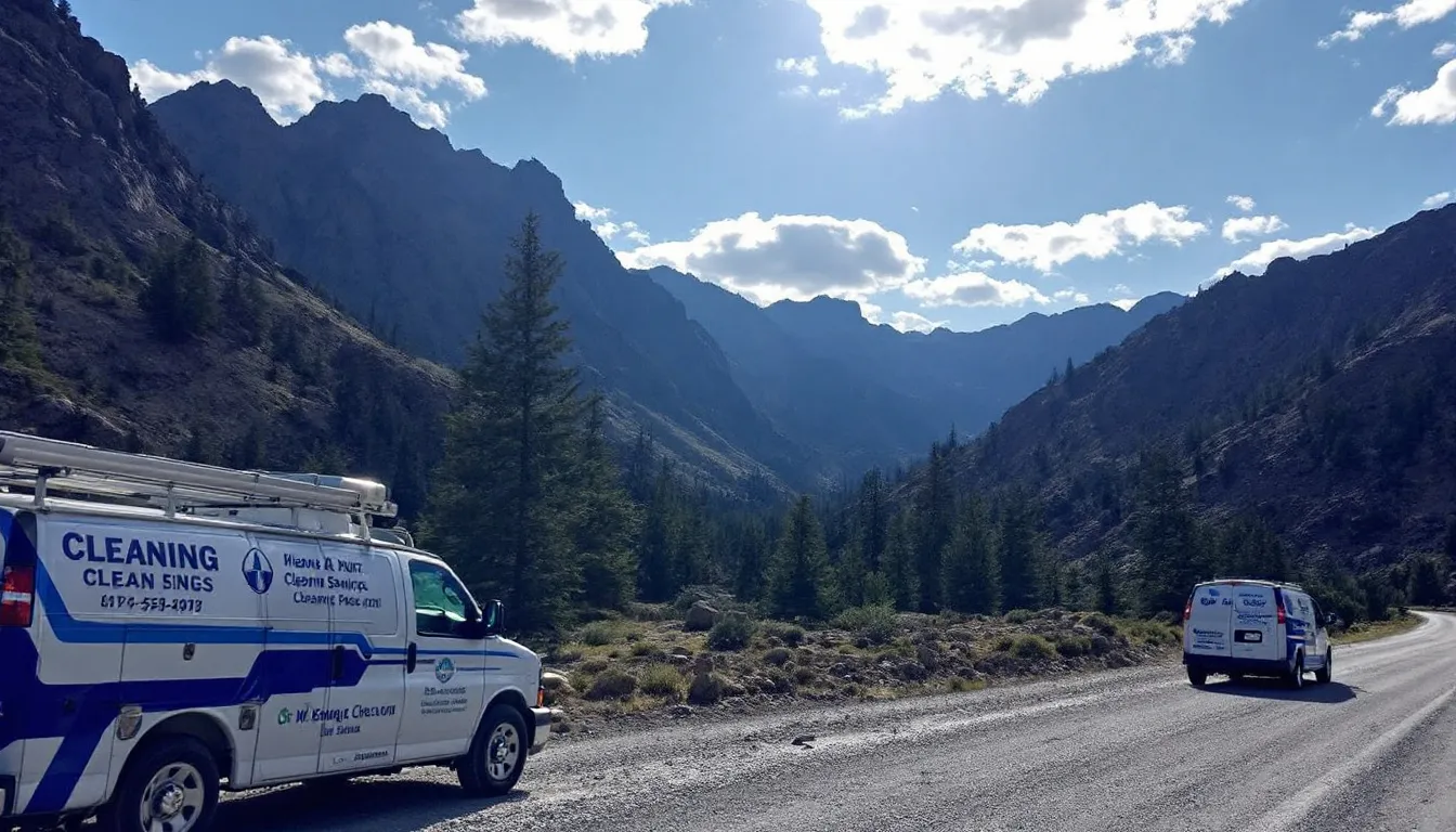 In the foreground, a fleet of cleaning business vehicles is parked against a stunning Idaho mountain landscape, showcasing the natural beauty of the state. The scene highlights the intersection of the commercial cleaning industry and the scenic backdrop, emphasizing the importance of obtaining a state business license to operate in Idaho.