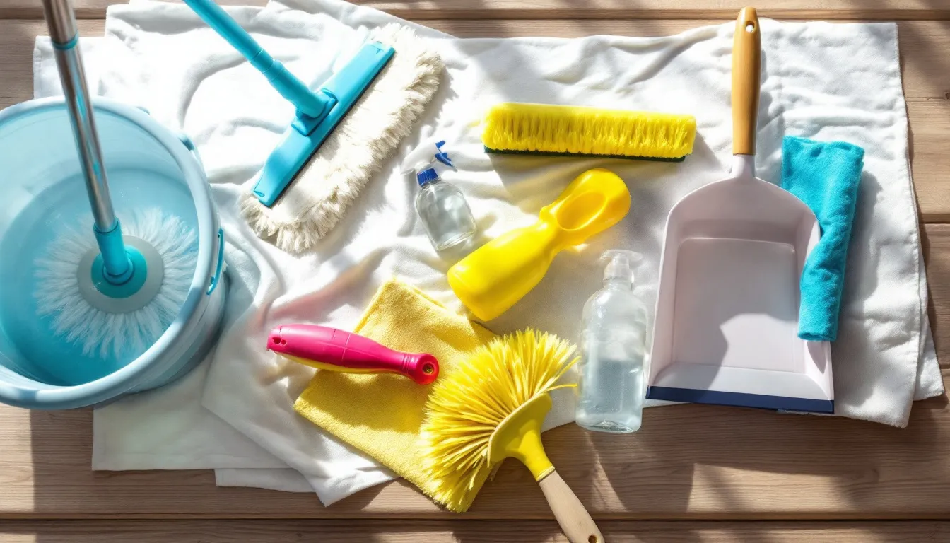 A neatly arranged table displays various professional cleaning supplies and equipment, including mops, buckets, and cleaning products, essential for starting a cleaning business. This setup highlights the tools necessary for providing cleaning services in both residential and commercial settings.