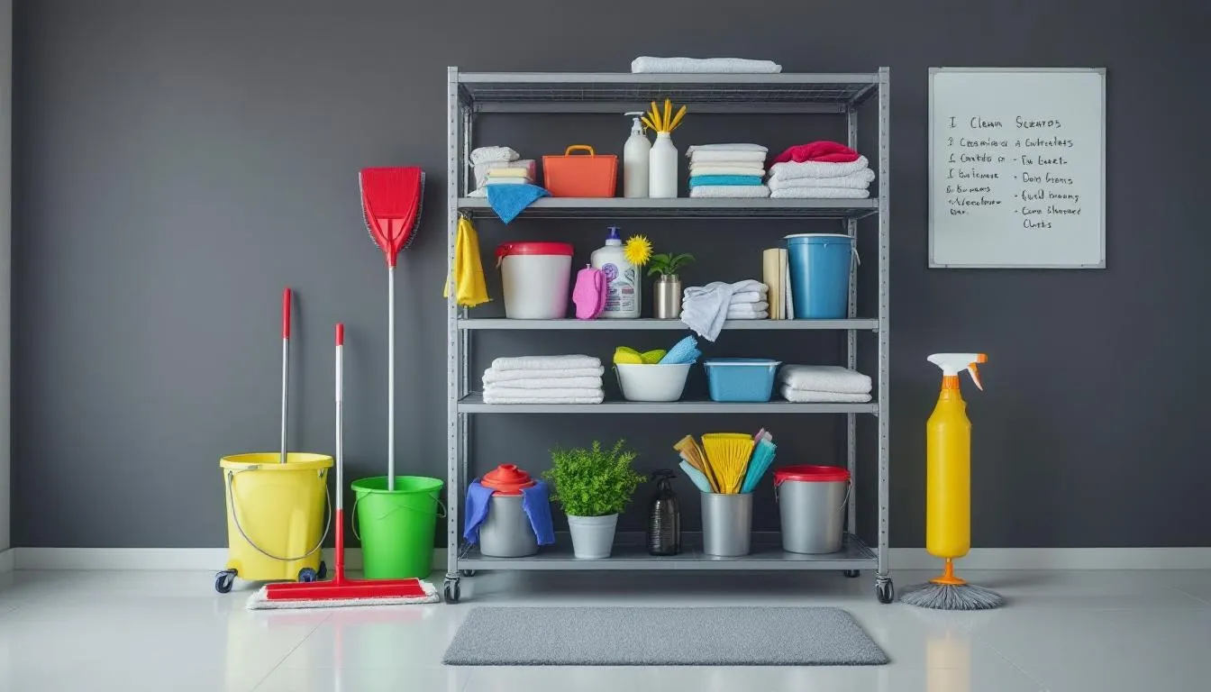In the image, various cleaning equipment and supplies are neatly organized in a professional storage setup, showcasing the essential tools needed for a successful cleaning business. This arrangement highlights the importance of organization in the commercial cleaning industry, helping businesses operate efficiently and maintain a competitive edge.