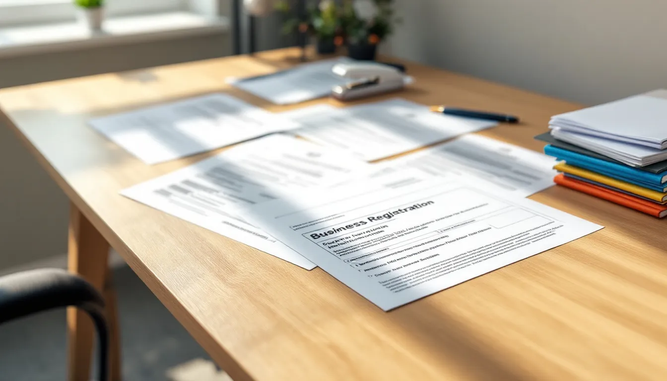 A collection of business registration documents and forms is spread across a desk, including a state business license application, tax documents, and insurance coverage details, essential for starting a cleaning business. These papers represent the necessary steps to operate legally, including obtaining local licenses and understanding tax regulations.