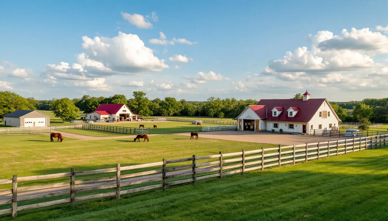 A picturesque horse farm in Kentucky features clean and well-maintained facilities, showcasing a tranquil environment for horses. The farm's organization and upkeep reflect the dedication to quality, which could inspire those interested in starting a cleaning business to ensure compliance with local regulations and obtain necessary licenses.