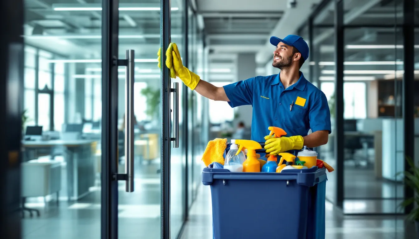 A professional cleaner is diligently working in a modern office building in Louisiana, using various cleaning supplies and equipment to ensure a pristine environment. This image showcases the essential role of cleaning services in maintaining business spaces, highlighting the importance of operating legally with the appropriate business licenses and insurance.