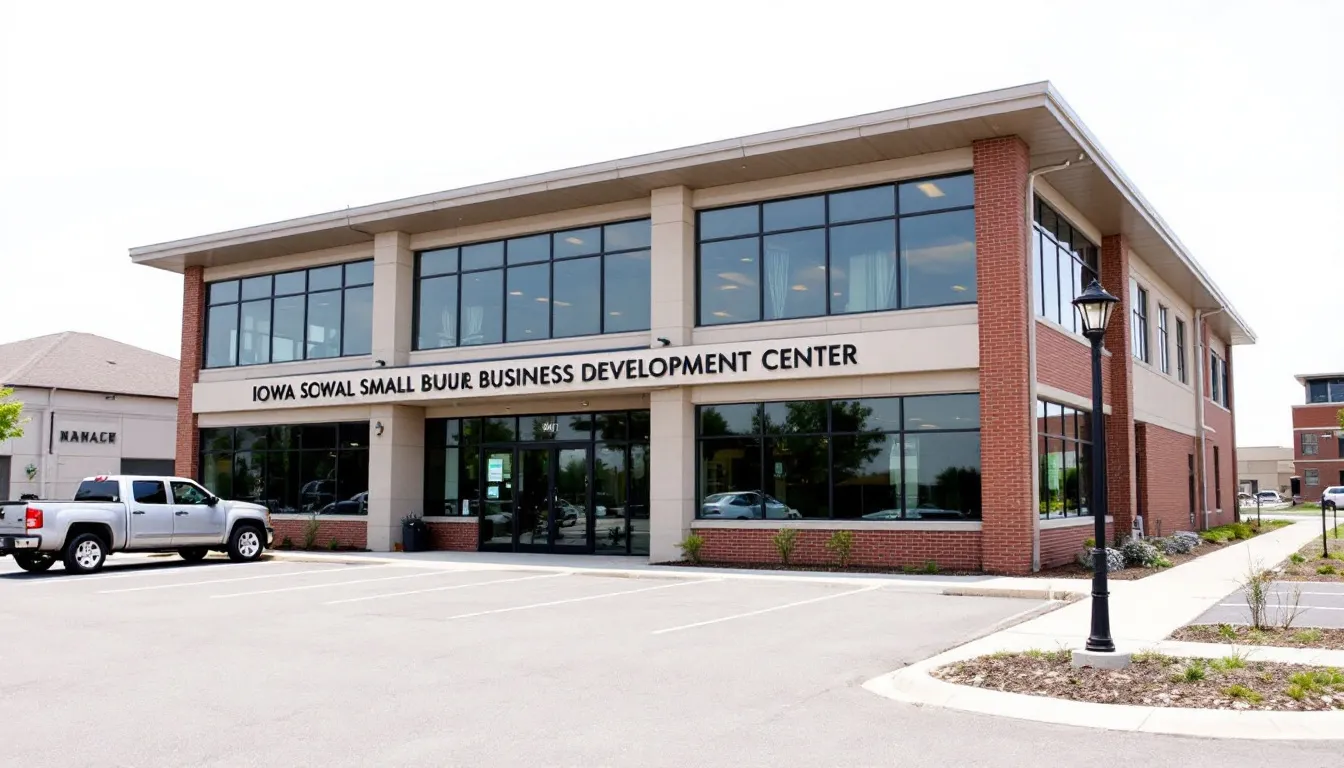 The image shows the Iowa Small Business Development Center building, a hub for entrepreneurs seeking guidance on starting various businesses, including a cleaning business. It features a modern architectural design and serves as a resource for obtaining necessary permits, business licenses, and support for new cleaning companies in Iowa.