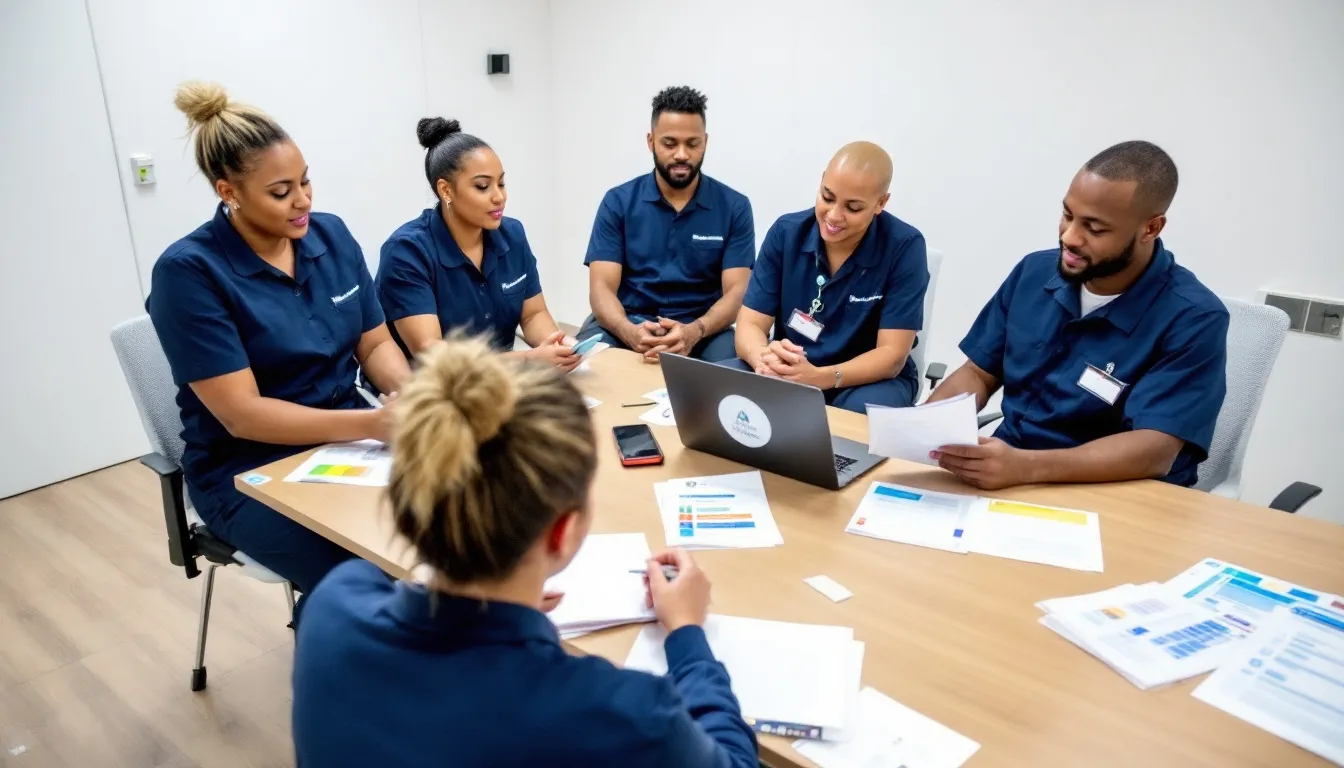 A team of cleaning professionals in uniforms is gathered around a table, reviewing training materials to enhance their skills for operating a successful cleaning business. They are focused on understanding the necessary licenses and marketing strategies to thrive in the cleaning industry.