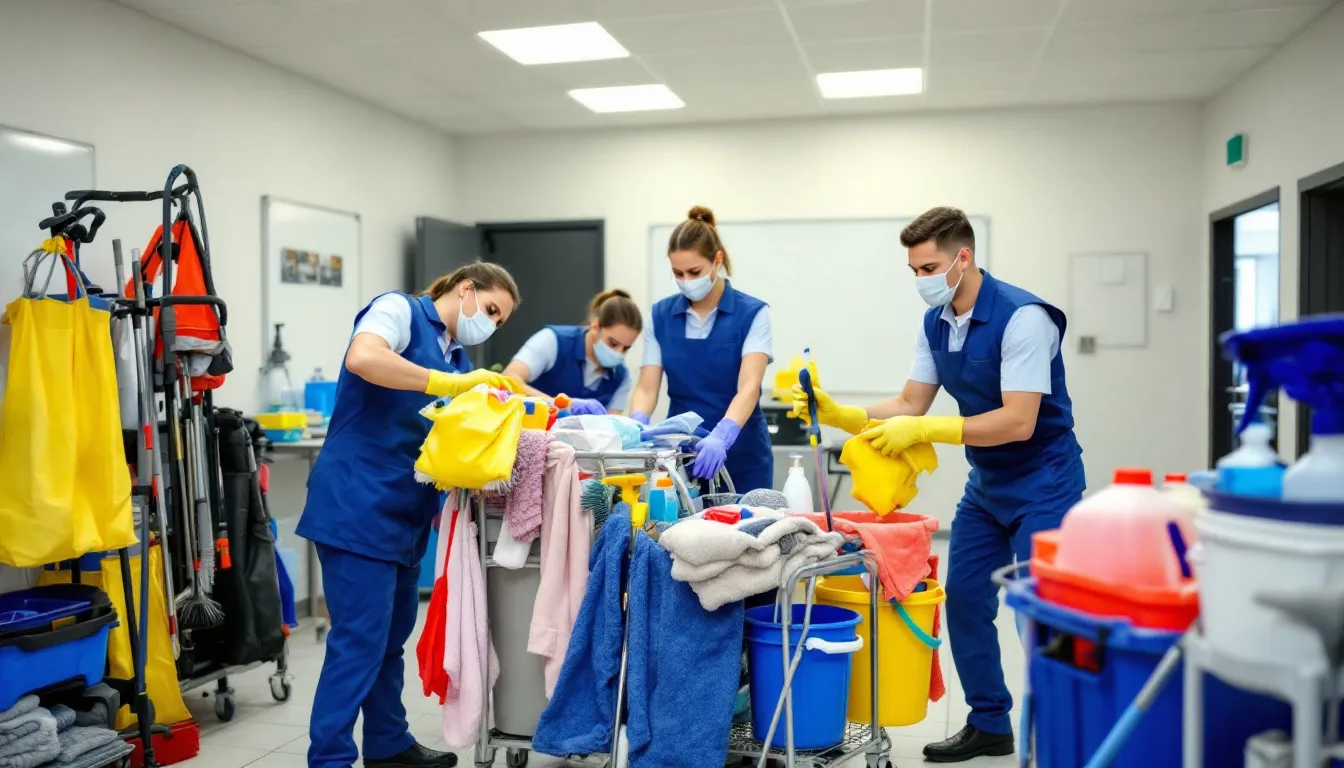 A professional cleaning team is seen organizing various cleaning supplies and equipment in a well-lit workspace, preparing for their next job in the cleaning industry. This scene highlights the importance of operational efficiency and proper organization for a successful cleaning business.